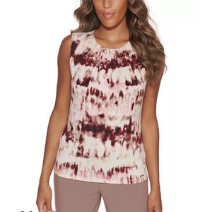 Calvin Klein Petite Printed Pleat-Neck Top in Sand Multi - Wear to Work, Size PL